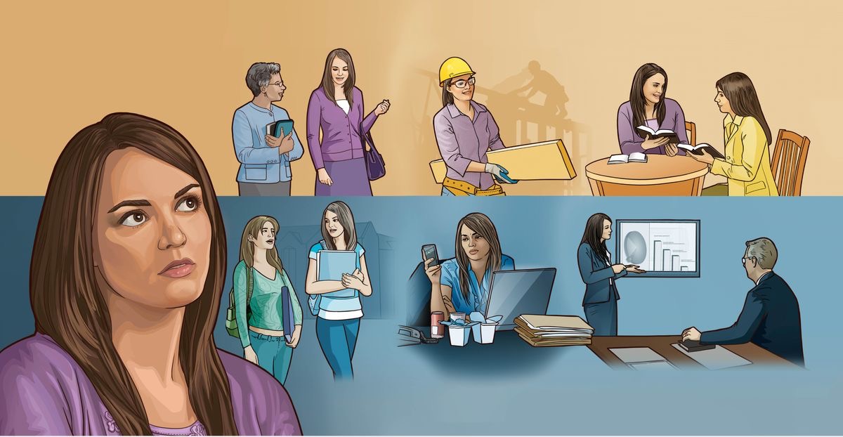Dibujos de una joven que imagina cómo sería su vida según sus decisiones. 1. Pasa tiempo con una amiga no Testigo mientras van a clase; pasa tiempo con una hermanita mayor mientras predican. 2. Trabaja hasta muy tarde en la oficina; trabaja sonriente en un proyecto de construcción teocrática. 3. Hace una presentación en el trabajo; le da clases de la Biblia a una mujer.