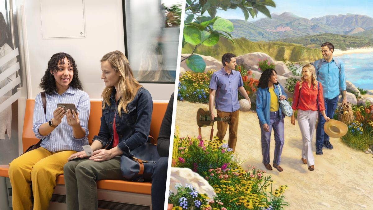 Serie de dibujos: 1. Una hermana usa su teléfono para predicarle a una mujer en el tren. 2. En el nuevo mundo, la hermana y su esposo pasean felices con la mujer del tren y su esposo.