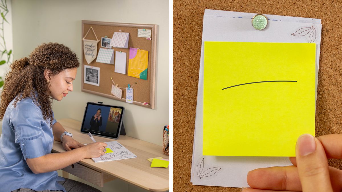 Dibujos: 1. Una hermana escribe una nota mientras está haciendo su estudio personal 2. Coloca la nota en su tablero de anuncios. La nota dice: “Esta semana, amabilidad, Proverbios 15:1”.