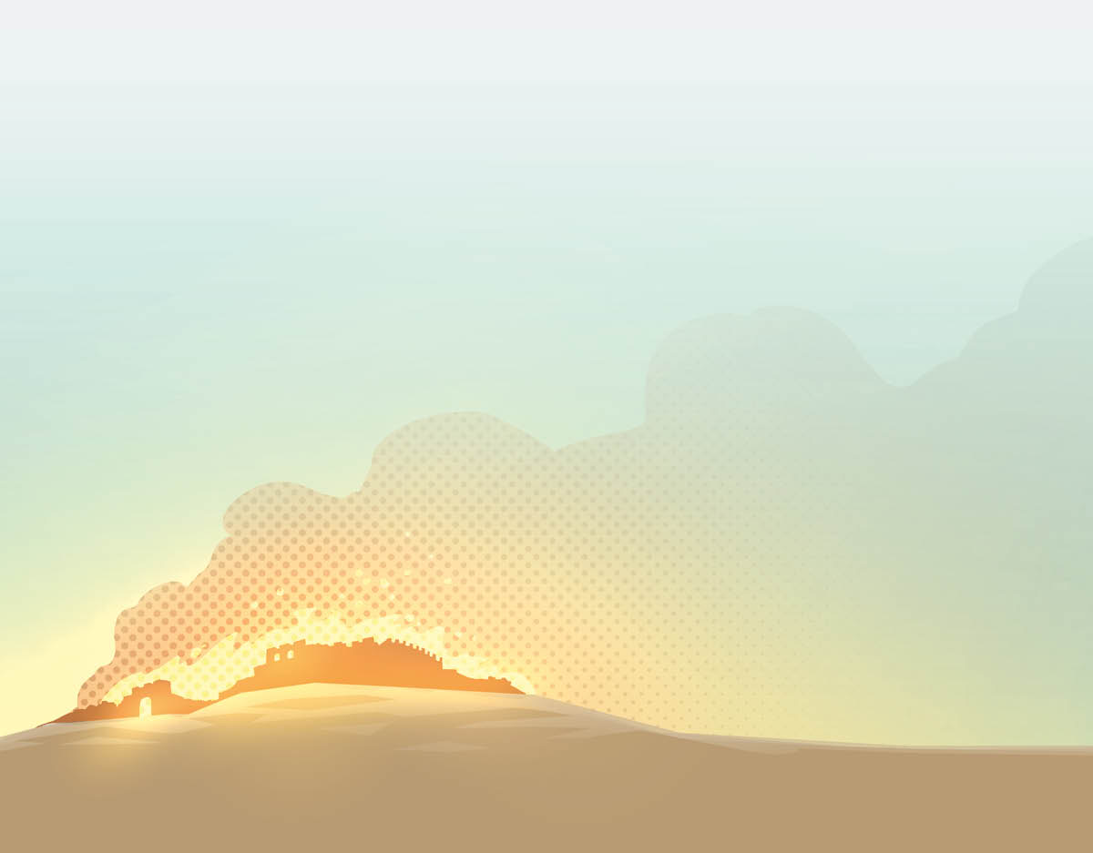 Ogień unosi się nad zniszczoną w 607 roku p.n.e. Jerozolimą. Potem następuje okres 2520 lat.