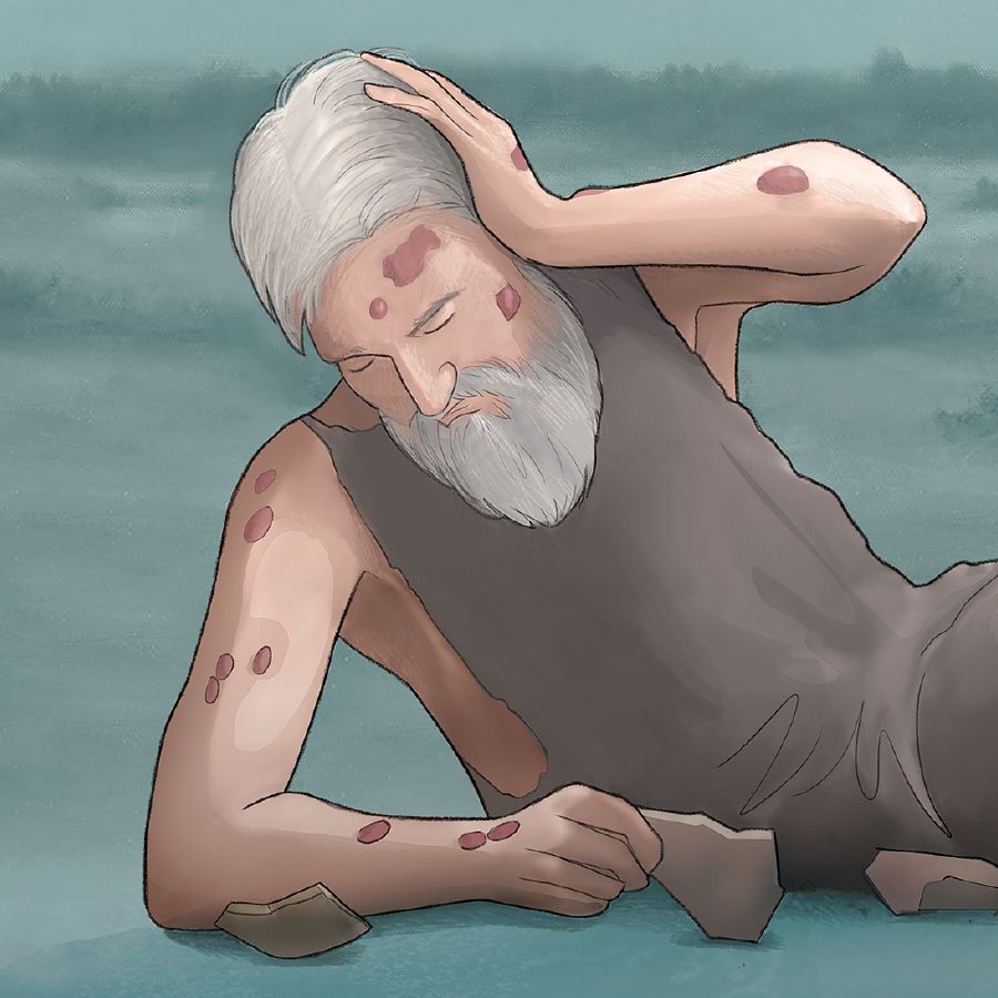 Hiob zakrywa ucho ręką