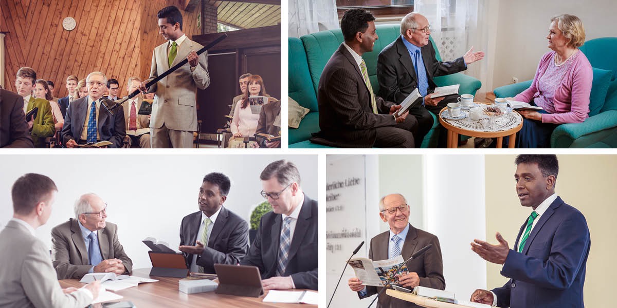 Kolaż: Doświadczony brat stopniowo szkoli innego brata, żeby mógł się podejmować odpowiedzialnych zadań w zborze. 1. Młodszy brat trzyma mikrofon, kiedy doświadczony brat udziela odpowiedzi na zebraniu. 2. Młodszy brat towarzyszy doświadczonemu na wizycie pasterskiej. 3. Młodszy brat, który został starszym, zabiera głos podczas spotkania. 4. Nowo zamianowany starszy prowadzi studium „Strażnicy”, a bardziej doświadczony brat jest na nim lektorem.