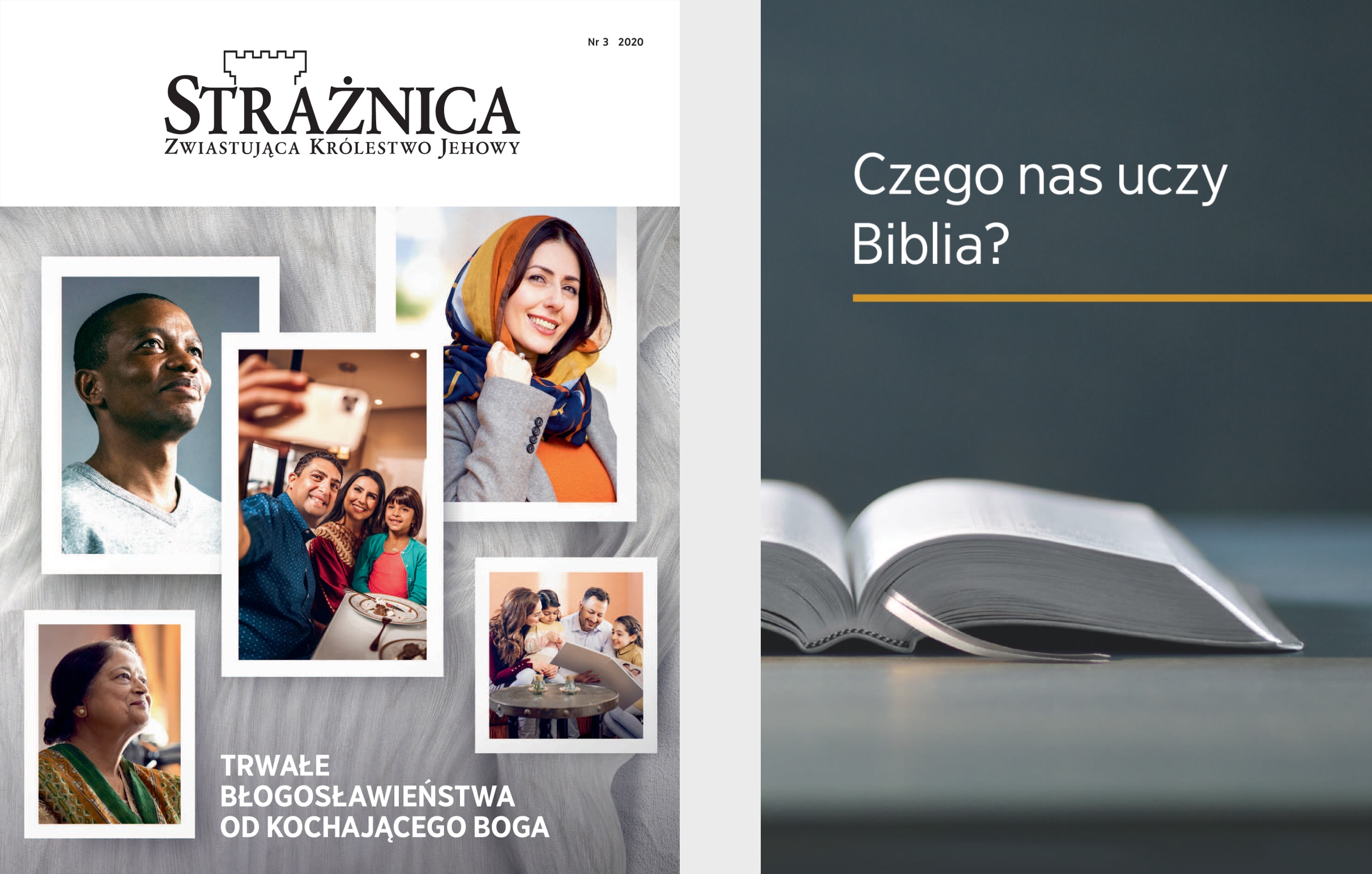 Książka „Czego nas uczy Biblia?” i „Strażnica” nr 3 z 2020 roku.