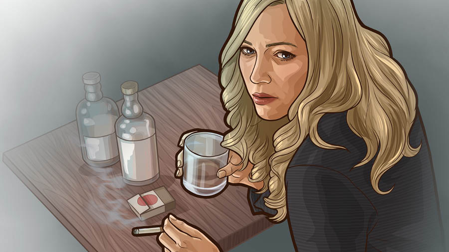 Kolaż: Kobieta postanawia służyć Jehowie. 1. Kobieta pije i pali. 2. Kobieta jest głęboko poruszona tym, czego nauczyła się podczas studium Biblii. 3. Kobieta prowadzi przyjemną rozmowę ze swoimi przyjaciółkami, które służą Jehowie.