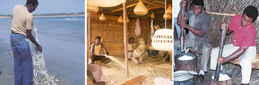 Kobieta myje warzywa; mężczyźni wyplatają koszyki; ludzie pracują na budowie