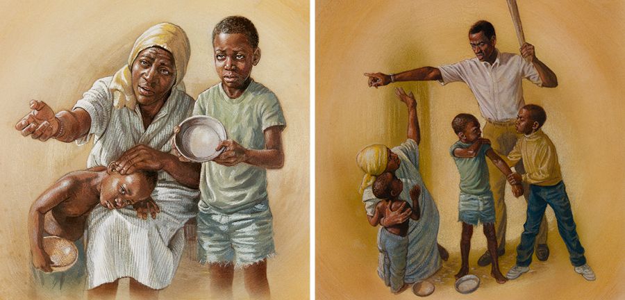 Wdowa i jej dzieci proszą o jedzenie; dziecko patrzy, jak mężczyzna bije jego matkę