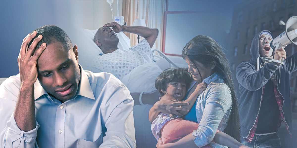 Zatroskany brat myśli o różnych stresujących sytuacjach