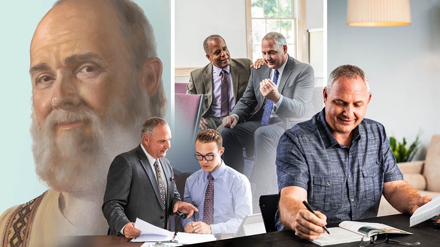 Kolaż: 1. Apostoł Paweł z uśmiechem i spokojem na twarzy. 2. Starszy zboru szkoli młodego brata, żeby mu powierzyć pewne zadania. 3. Ten sam starszy jest pocieszany przez innego starszego. 4. Ten sam starszy z radością studiuje Biblię na podstawie jakiejś publikacji.