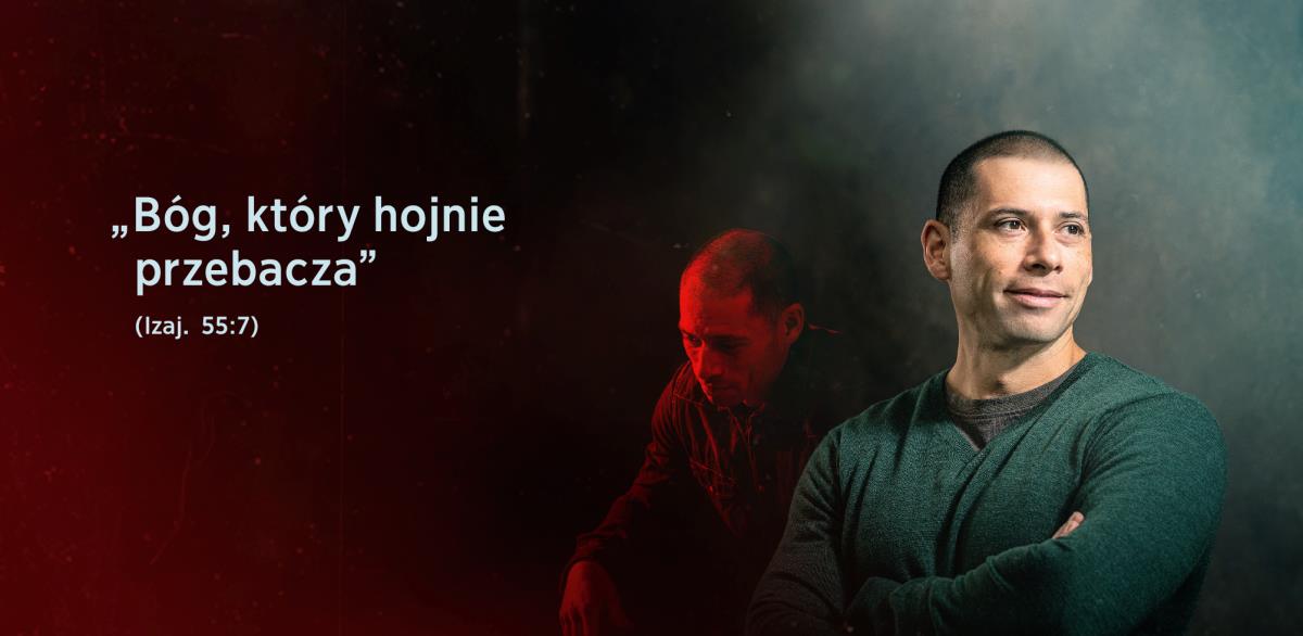 Obok brata widnieją słowa z Izajasza 55:7: „Bóg, który hojnie przebacza”. Ten sam brat w tle jest zrozpaczony. Na zdjęciu, które widzimy na pierwszym planie, jest szczęśliwy i pewny siebie.
