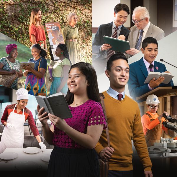 Młoda siostra i młody brat z radością zmierzają do duchowej dojrzałości. Siostra rozmyśla, trzymając w ręku Biblię; brat bierze udział w służbie kaznodziejskiej. Kolaż: 1. Siostra przygotowuje stół na jadalni w Betel. 2. Dwie siostry pokazują werset kobiecie spotkanej w służbie. 3. Siostra stoi przy wózku z literaturą razem z siostrą starszą wiekiem. 4. Brat pomaga starszemu bratu z jego tabletem. 5. Brat podczas zebrania odczytuje na podium fragment Biblii. 6. Brat obsługuje piłę na budowie teokratycznej.