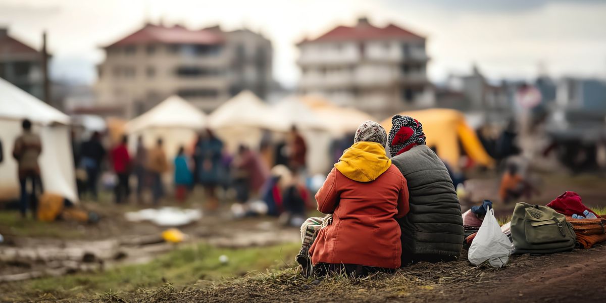Two refugees sitting on the ground of a refugee camp with a few bags of personal items. They look at the nearby tents and other refugees.