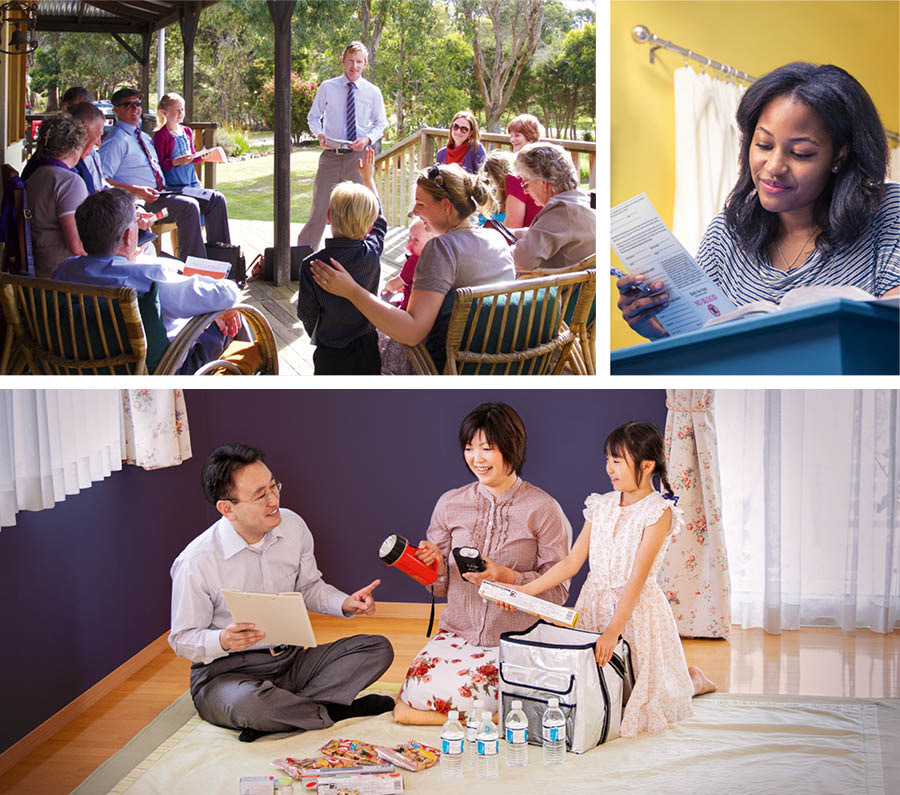 Collage: Brothers and sisters following instructions they have received. 1. A group meets for field service outside on a porch. 2. A sister records her medical decisions on a legal document. 3. A family puts emergency supplies into a go bag.
