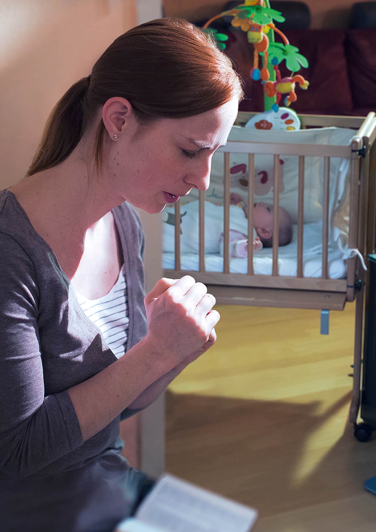 Collage: A busy young mother. 1. She is praying before she starts the day. 2. She is feeding her infant daughter before going out in the ministry. 3. She is happily working in the field ministry with her two daughters and sisters from her congregation.