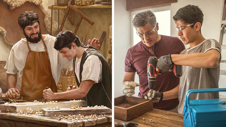 Collage: 1. Joseph teaches Jesus how to use a carpentry tool. 2. A father teaches his son how to use a drill.