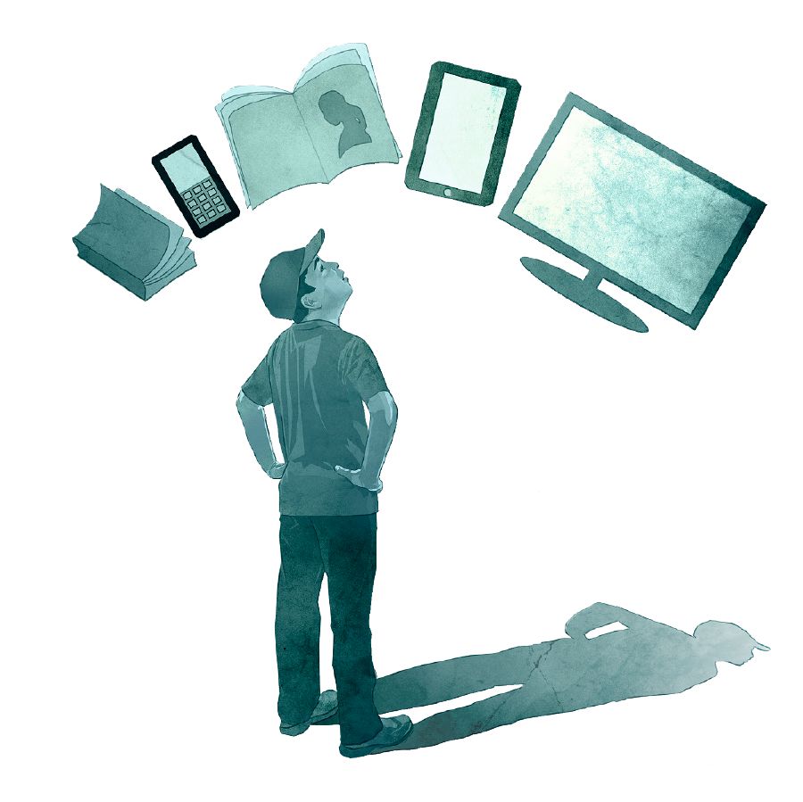 Um jovem olha para várias fontes de informação, como a Bíblia, um livro e dispositivos eletrónicos