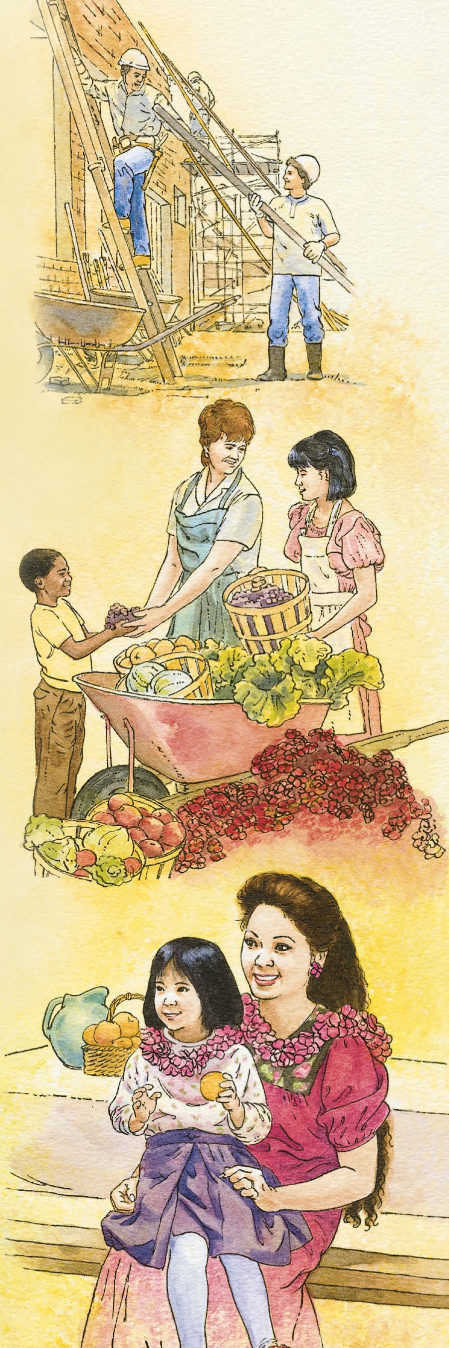 No Paraíso pessoas a construir uma casa, outros a ajuntar comida e uma mãe a segurar a sua filha