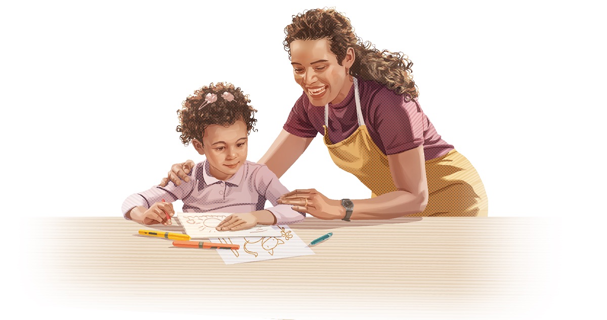 Uma mãe elogia a filha que acabou de fazer um desenho.