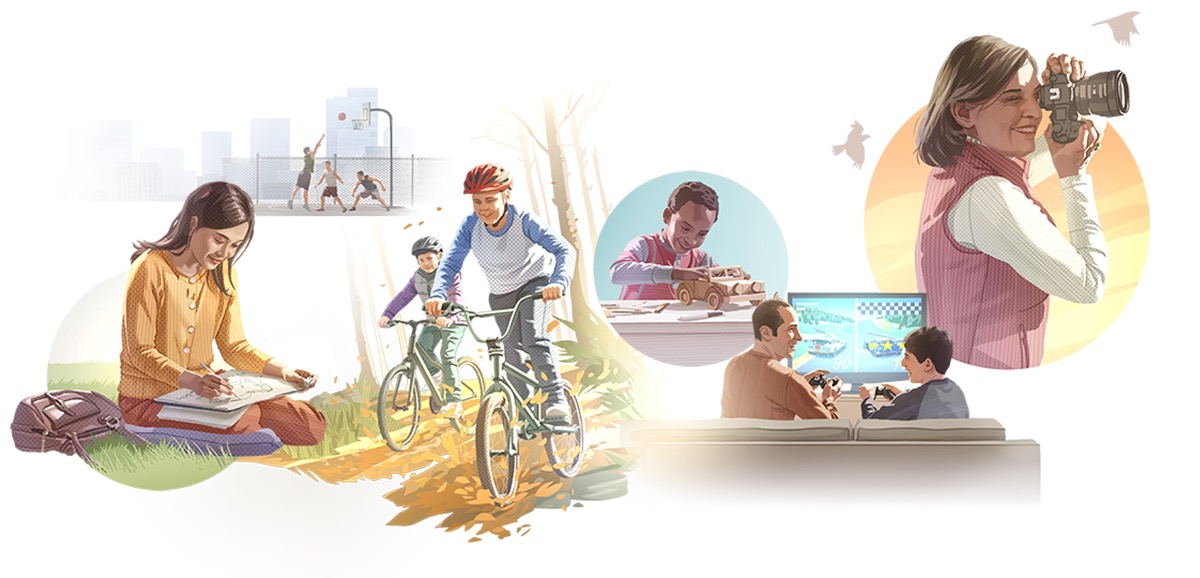 Conjunto de imagens: Pessoas de todas as idades divertem-se com várias coisas boas. 1. Uma menina ouve música e desenha. 2. Três rapazes jogam basquete. 3. Dois meninos andam de bicicleta. 4. Um menino monta um carrinho de brincar. 5. Um homem toca bateria. 6. Um menino joga videojogos com o pai. 7. Uma mulher tira uma fotografia.