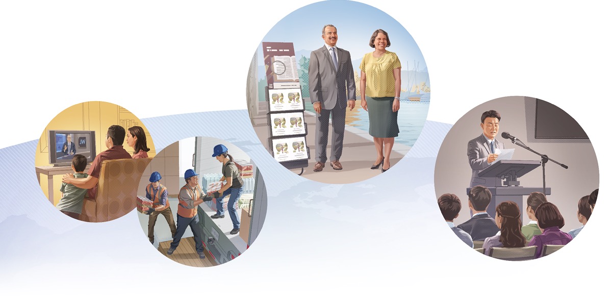 Conjunto de imagens: Testemunhas de Jeová no mundo todo recebem e seguem orientações do Corpo Governante. 1. Uma família assiste ao programa do Broadcasting. 2. Testemunhas de Jeová ajudam a colocar itens de ajuda humanitária num camião. 3. Duas Testemunhas de Jeová pregam ao lado de um carrinho de testemunho público. 4. Um ancião lê uma carta à congregação.