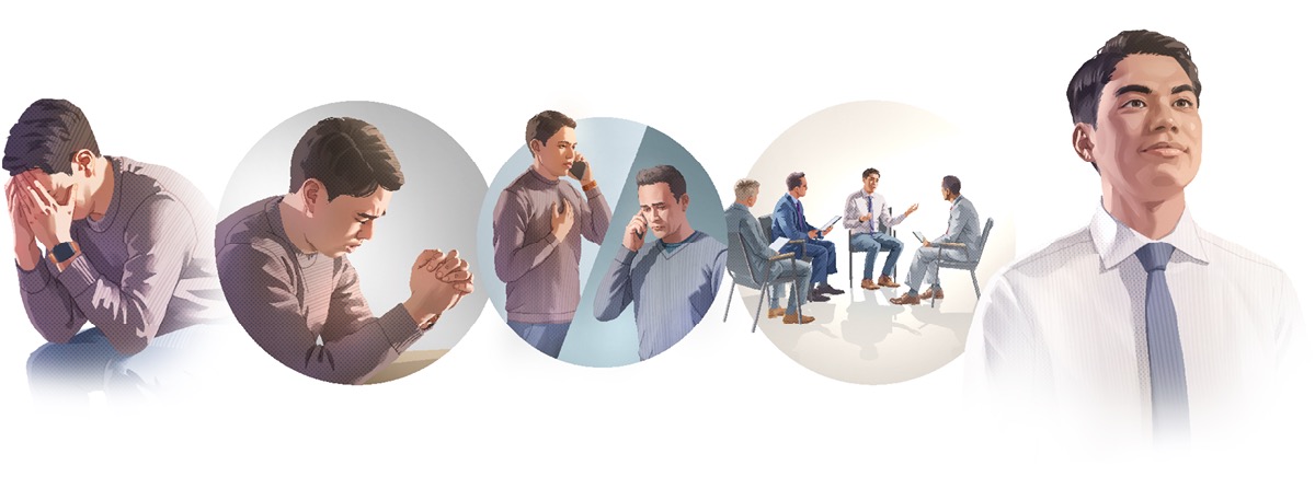 Conjunto de imagens: 1. Um irmão sente-se arrasado e coloca as mãos na cabeça. 2. O irmão ora a Jeová. 3. O irmão conversa com um ancião ao telefone. 4. O irmão reúne-se com três anciãos. 5. O irmão sorri porque está com a consciência limpa.