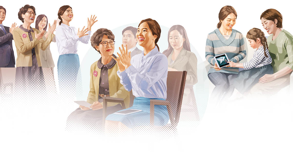 Conjunto de imagens: Uma estudante da Bíblia aprende sobre como adorar a Deus. 1. Ela canta louvores a Deus durante uma reunião. 2.Ela comenta numa reunião. 3. Ela mostra um vídeo sobre a Bíblia a uma mulher e à filha dessa mulher.