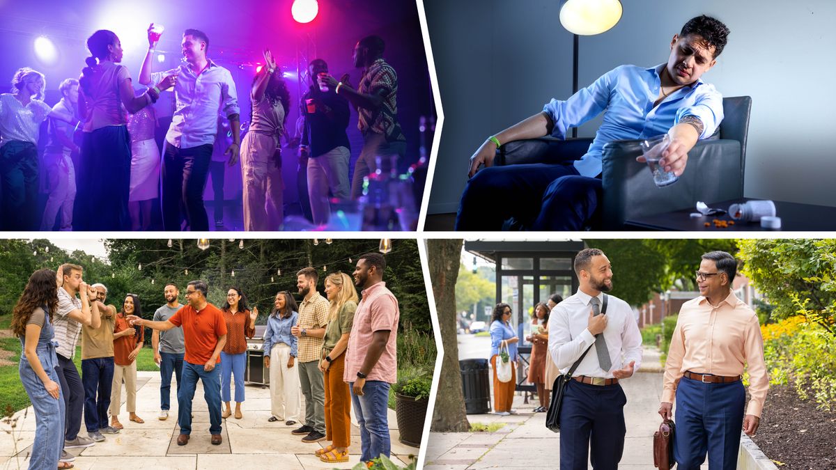 Conjunto de imagens: As más decisões que alguém que não serve a Jeová faz em comparação com as boas escolhas que alguns irmãos fazem. 1. Um homem a dançar numa discoteca com uma bebida na mão. 2. Mais tarde, em casa, ele toma comprimidos, porque sente-se maldisposto. 3. Alguns irmãos num convívio ao ar livre ao fim do dia. Irmãos e irmãs cantam, dançam e comem. 4. No dia a seguir, eles vão à pregação.