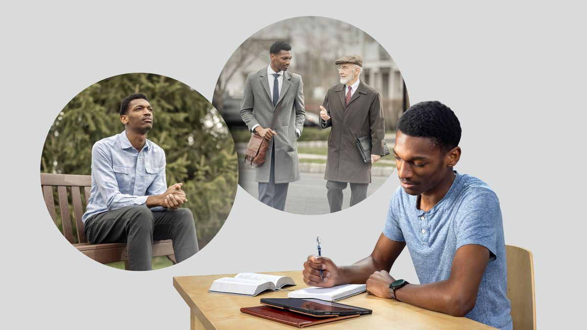 Um irmão faz o seu estudo pessoal. Conjunto de imagens: 1. Ele ora, enquanto está ao ar livre. 2. Ele ouve os conselhos de um irmão mais velho quando saem juntos à pregação.