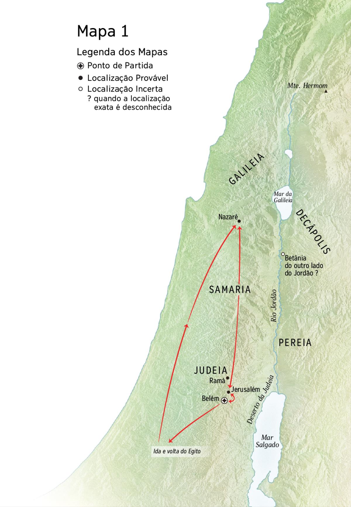 Map of locations related to Jesus’ life: Bethlehem, Nazareth, Jerusalem