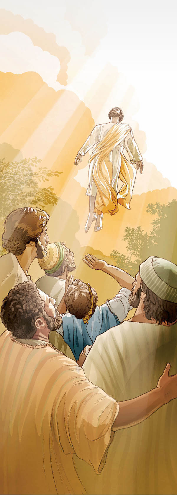 Os discípulos observam enquanto o ressuscitado Jesus sobe aos céus