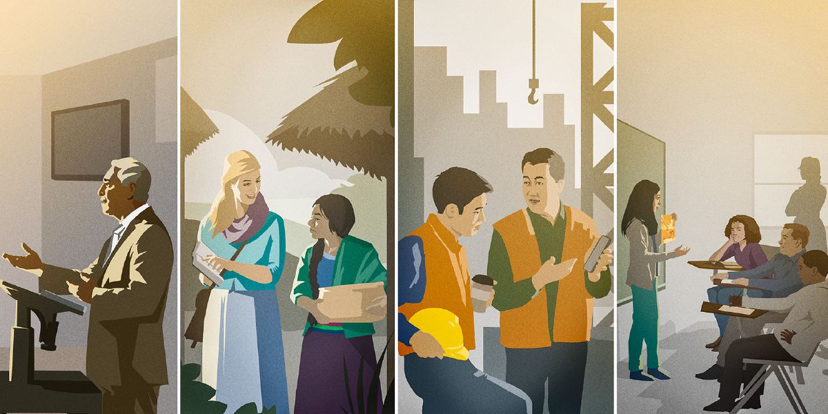 Um irmão a fazer um discurso; uma irmã a pregar; um irmão a dar testemunho no trabalho; uma jovem a fazer uma apresentação na sala de aulas