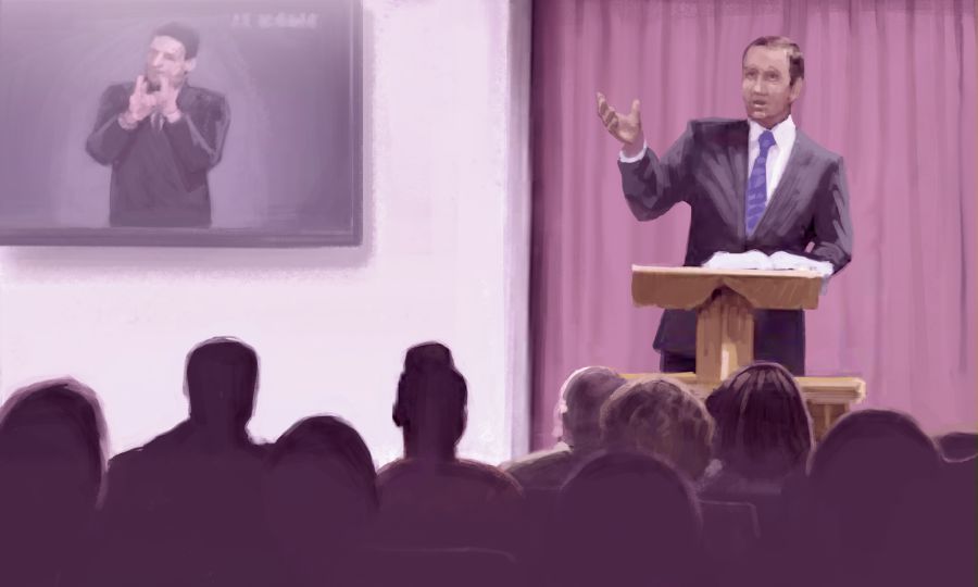 Desenho de um irmão usando a Bíblia num discurso