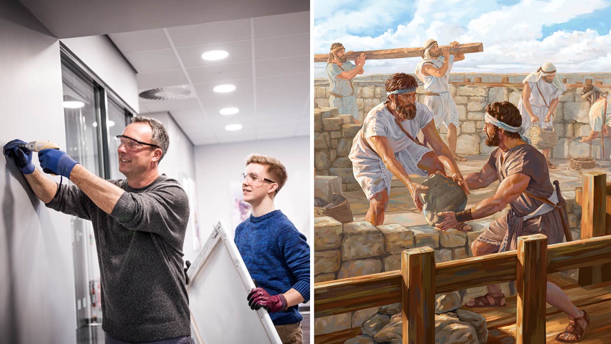 Um ancião trabalha com o filho na manutenção do Salão do Reino; Neemias trabalha com os seus irmãos na reconstrução das muralhas de Jerusalém