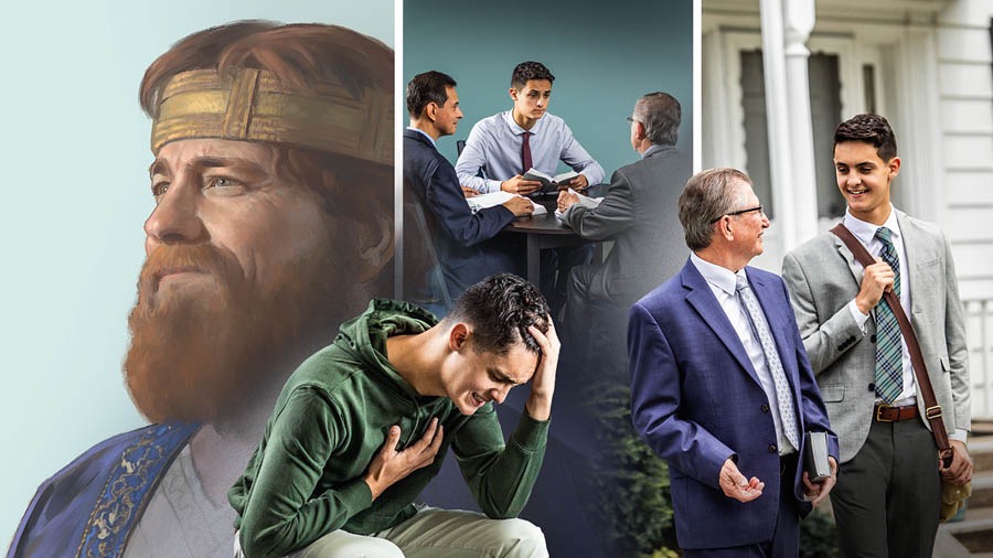 Colagem: 1. O rei David sorri e tem uma expressão calma no seu rosto. 2. Um jovem irmão chora e sente-se muito triste. 3. O mesmo jovem irmão recebe conselhos de dois anciãos. 4. O jovem irmão está feliz enquanto prega com um dos anciãos.