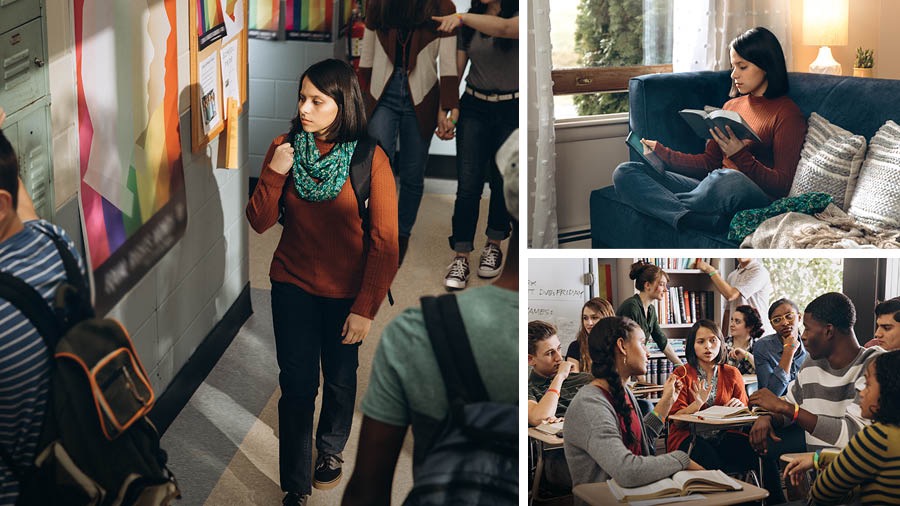 Colagem: Uma jovem irmã resiste à pressão de ter uma conduta imoral na escola. 1. À medida que passa no corredor da escola, ela vê pósteres que promovem o homossexualismo. 2. Em casa, ela lê a Bíblia e usa um dispositivo eletrónico para pesquisar o assunto. 3. Numa sala de aulas, ela recusa uma pulseira colorida, relacionada com o homossexualismo, que uma colega lhe oferece. Os seus colegas observam-na com desaprovação.