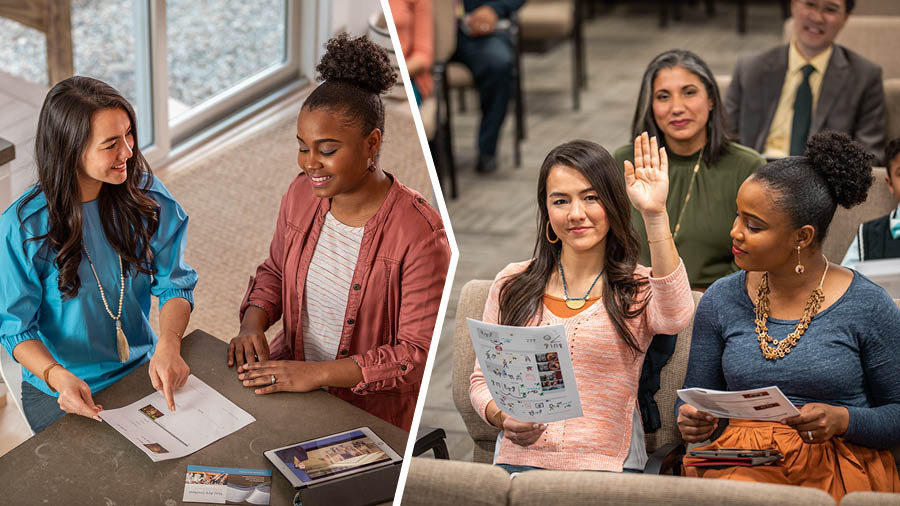 Colagem: 1. A irmã usa a ‘Sentinela’, um vídeo e um convite para as reuniões para explicar à estudante como as nossas reuniões são feitas. 2. A irmã dá um comentário durante o estudo da ‘Sentinela’. A estudante está sentada ao lado dela e observa-a com atenção.