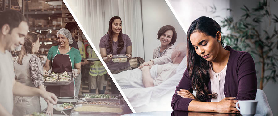 Colagem: 1. Uma irmã sentada à mesa a orar. 2. A irmã serve refeições num projeto de construção. 3. A irmã visita e leva comida a um casal no hospital. A esposa consola o marido que está deitado numa cama do hospital.