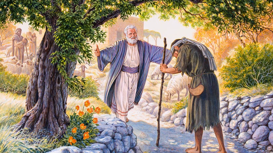 O filho pródigo da parábola de Jesus em pé de cabeça baixa, enquanto o seu pai corre na sua direção de braços abertos para lhe dar as boas-vindas.