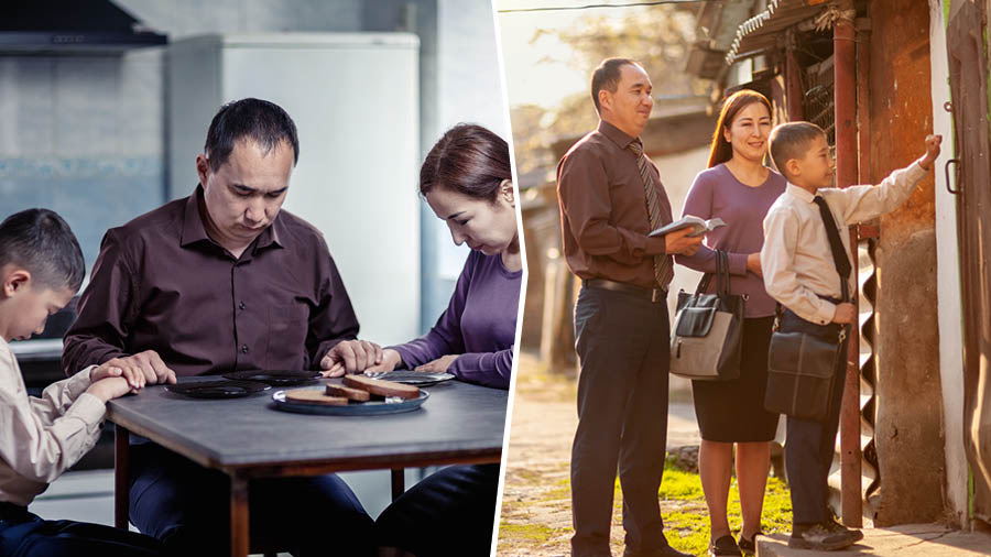 Conjunto de imagens: Uma família que passa por dificuldades financeiras. 1. Antes de comerem o pouco que têm, eles fazem uma oração. 2. Mais tarde naquele dia, participam na pregação de casa em casa.