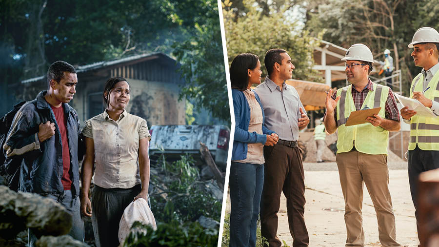 Conjunto de imagens: 1. Um casal fica ansioso quando vê a sua casa destruída por uma tempestade. 2. Mais tarde, o casal fica feliz quando conversa com irmãos que os estão a ajudar na reconstrução da casa.