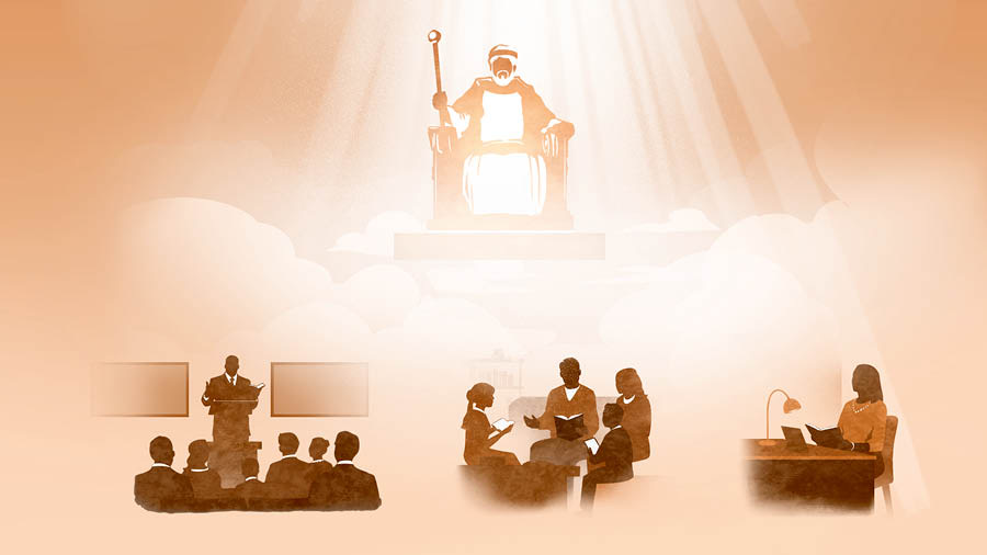 Jesus sentado no seu trono, iluminado por raios de luz da glória de Jeová. Por baixo dele, veem-se cenas de uma reunião, adoração em família e uma irmã a estudar. As cenas repetem-se nos parágrafos 8 e 11 a 14.