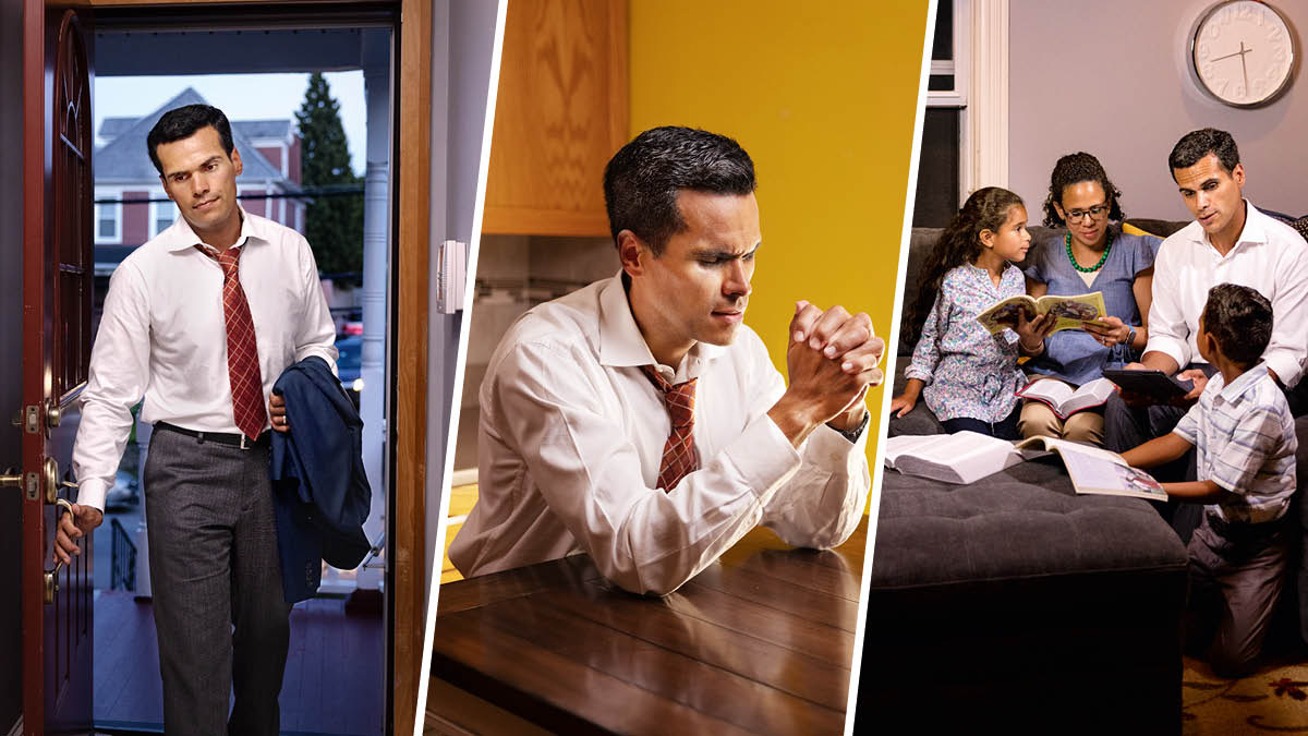 Conjunto de imagens: 1. Um pai chega a casa cansado depois de um longo dia de trabalho. 2. Ele ora de coração a Jeová. 3. Ele dirige a adoração em família com a esposa e os filhos.
