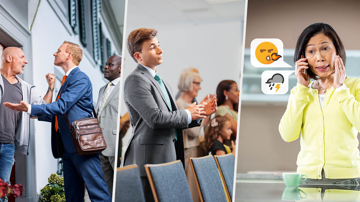 Conjunto de imagens: 1. Um irmão é rude com um morador que está irritado. 2. Um jovem canta sem entusiasmo o cântico na reunião. 3. Uma irmã fala ao telefone. Ao lado dela aparecem dois emojis. Um dos emojis é uma carinha zangada, que cospe fogo; o outro emoji é uma nuvem com raios. Esses emojis representam uma conversa negativa.