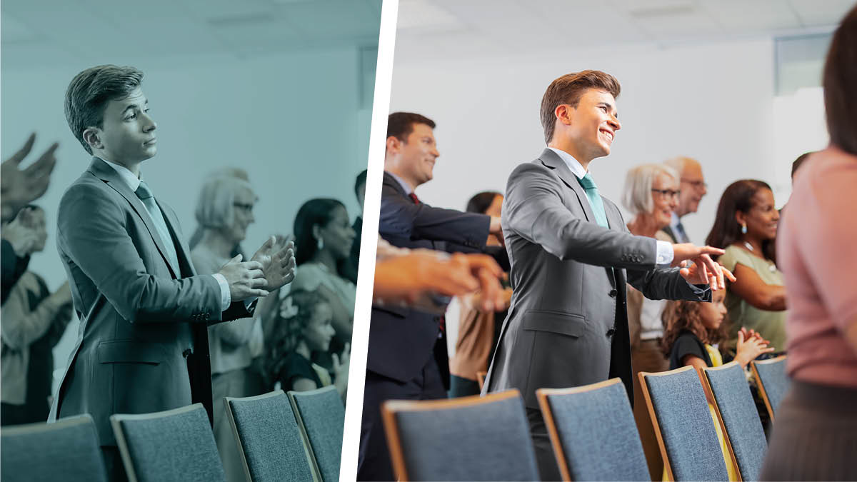 Conjunto de imagens: Cenas de uma reunião no Salão. 1. Uma imagem mostra um jovem a cantar sem entusiasmo na reunião. 2. A outra imagem mostra o jovem a cantar com entusiasmo.