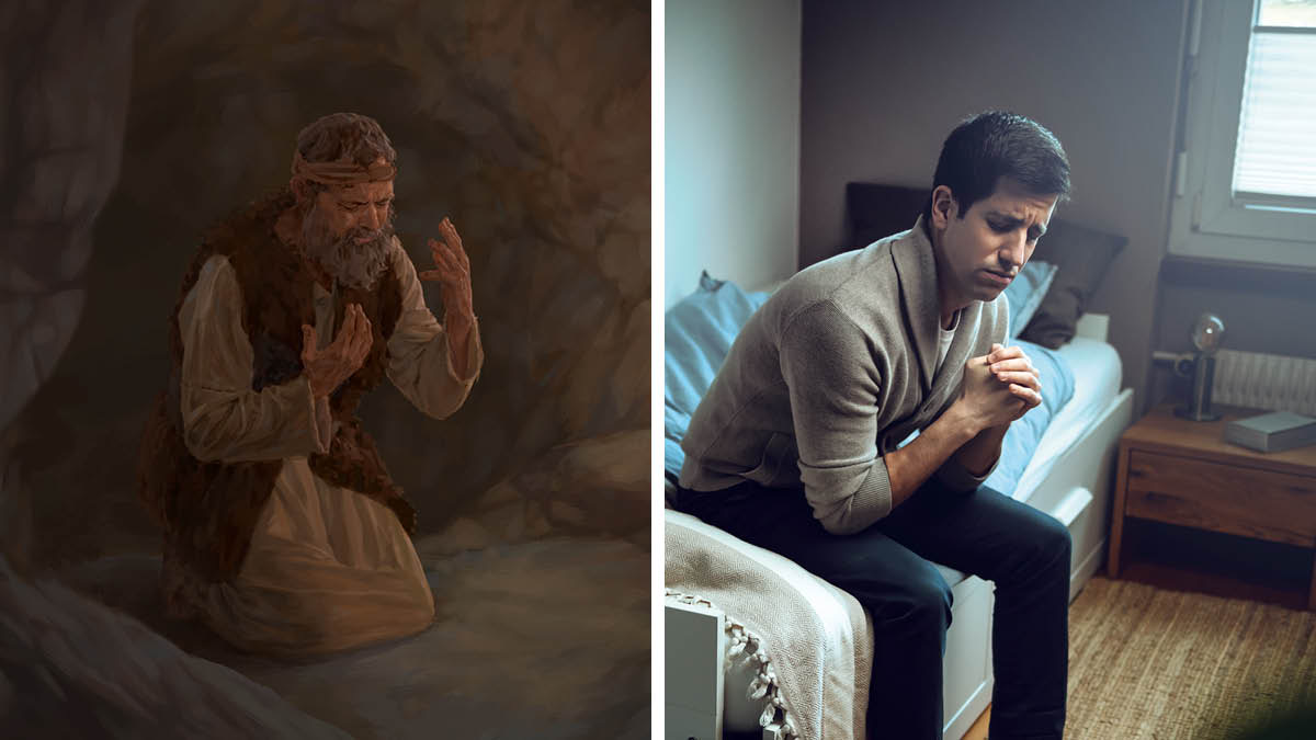 Conjunto de imagens: 1. Elias ora ajoelhado numa caverna. 2. Um irmão sentado na cama, ora de todo o coração.