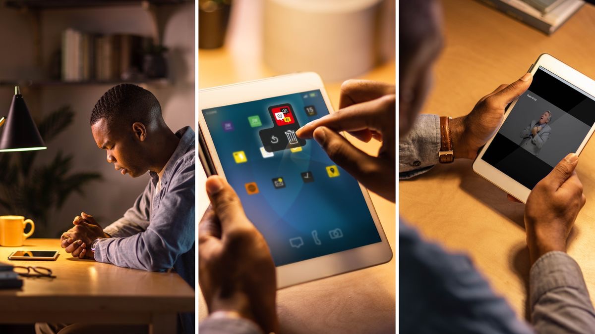 Conjunto de imagens: Um irmão esforça-se para resistir a uma tentação. 1. Ele ora fervorosamente. 2. Ele apaga uma aplicação do seu tablet. 3. Ele lê a Bíblia.