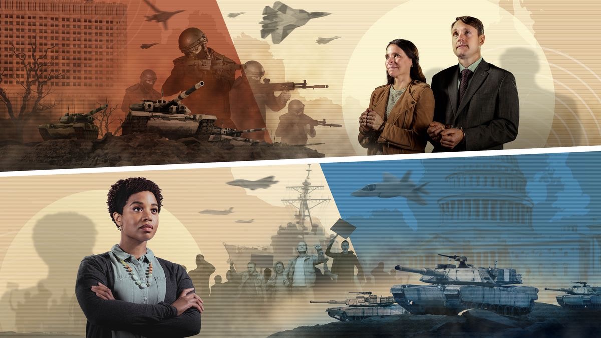 Conjunto de imagens: 1. O casal da primeira fotografia está preso com algemas, mas continua confiante. Ao fundo, aparecem a Casa Branca da Rússia e o mapa da Rússia. Um exército armado está a atacar com aviões de guerra, metralhadoras e tanques. 2. A irmã da fotografia anterior continua confiante. Ao fundo, aparecem o Capitólio dos Estados Unidos e os mapas dos Estados Unidos e da Grã-Bretanha. Pessoas protestam furiosas, enquanto tanques, navios e aviões se preparam para a guerra.