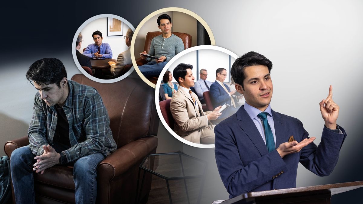 Conjunto de imagens: 1. Um irmão com o rosto abatido com uma Bíblia aberta perto dele. 2. Esse irmão fala com dois anciãos. 3. Ele medita no que está a ler no tablet. 4. Ele está numa reunião a prestar atenção. 5. Ele faz um discurso numa reunião.