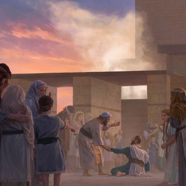 Esdras com outros israelitas no templo choram. Secanias está em pé e encoraja Esdras.