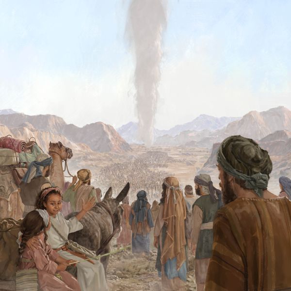 Um grande grupo de homens, mulheres e crianças israelitas seguem uma coluna de nuvem no deserto.