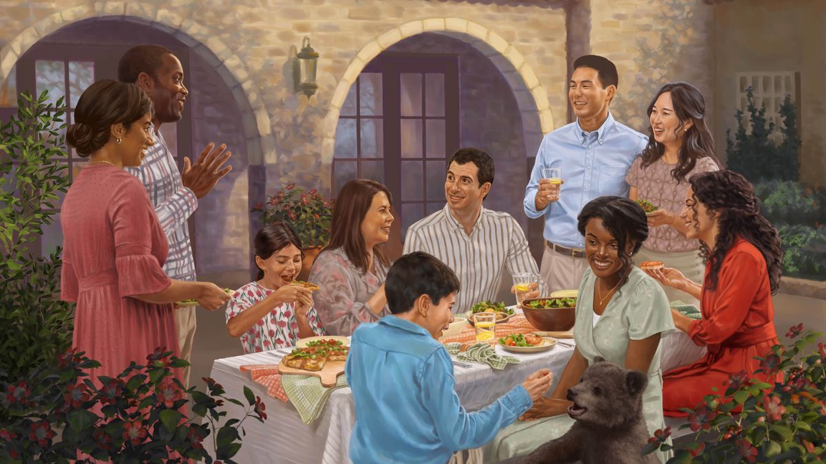 Os mesmos irmãos e irmãs, exceto o irmão que se tinha isolado, a comerem juntos no Paraíso. Um menino está a dar comida a um ursinho.